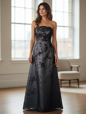 90s Jovani Strapless Black Floral Embroidered Gown